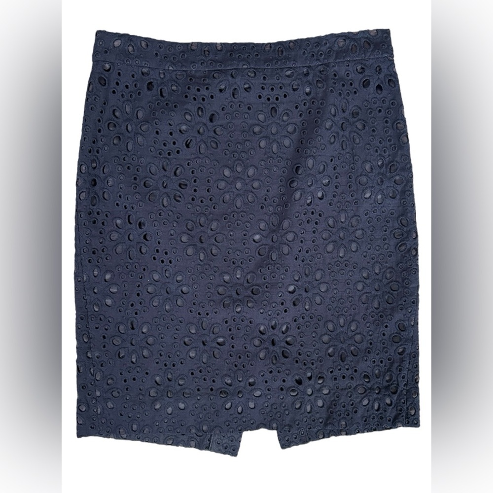 J Crew Women’s Navy Blue Eyelet Crochet‎ Retro Zip Pencil Skirt Floral Size 6